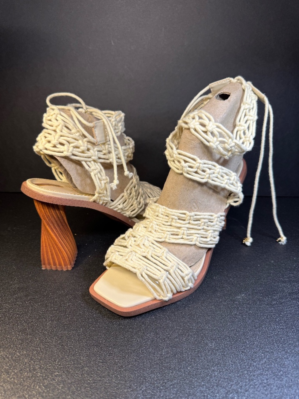 Sam Edelman Macramé Statement Heeled Sandals Size 8.5 Ivory Lace-Up Harleigh - Picture 2 of 16